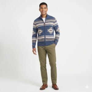 Frye Mens Mock Neck Cardigan XL Navy Beige Full Zip Southwest Heavyweight